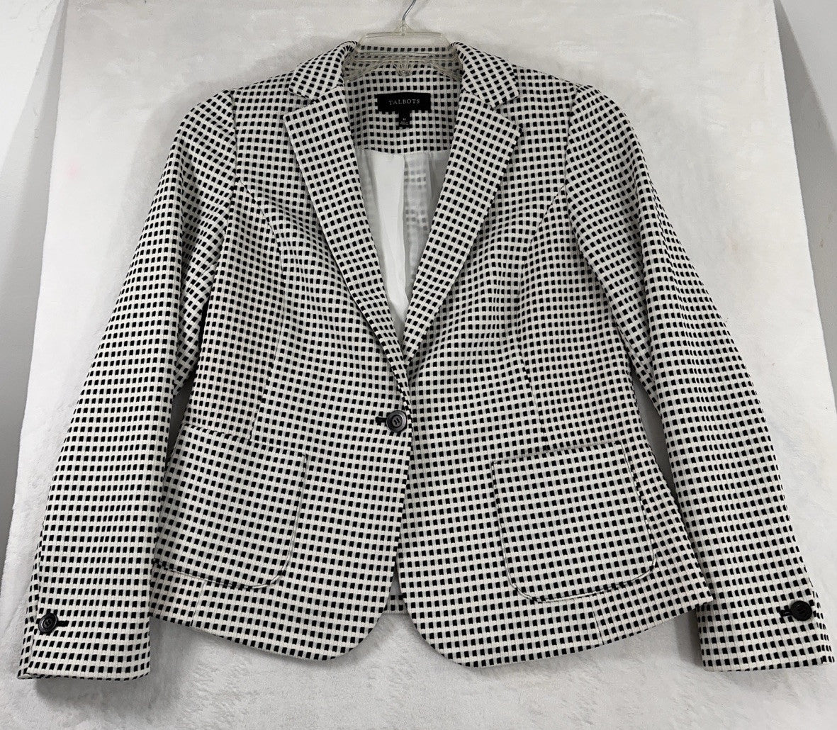 Talbots Medium Jacket Black White Check Blazer 1 Button Pockets Stretch Womens