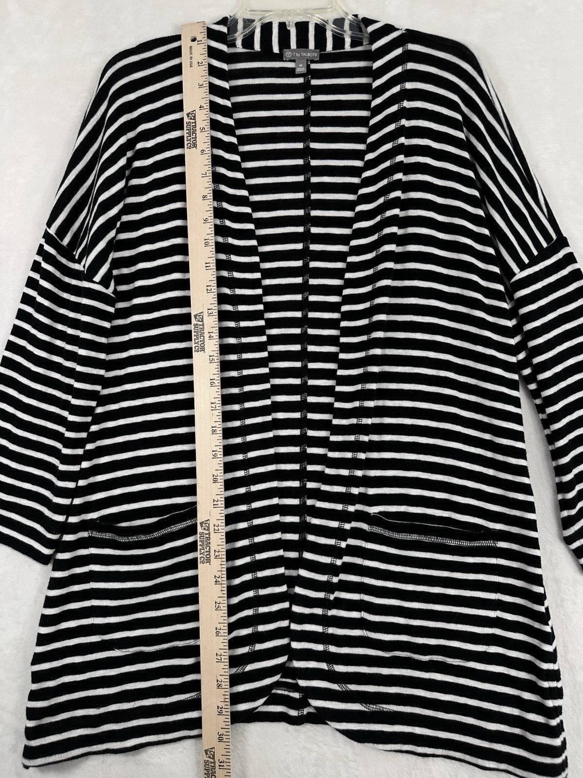 T By Talbots Medium Knit Cardigan Sweater Black White Striped Long Womens