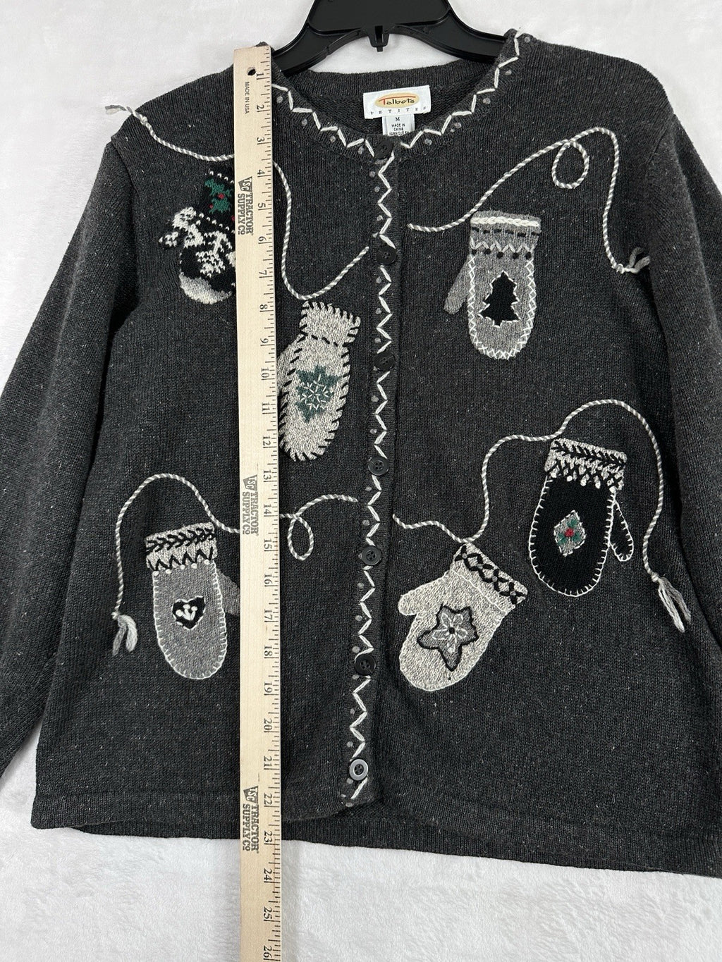 Vintage Talbots Christmas Cardigan Sweater Holiday Medium Petite MP Gray Women