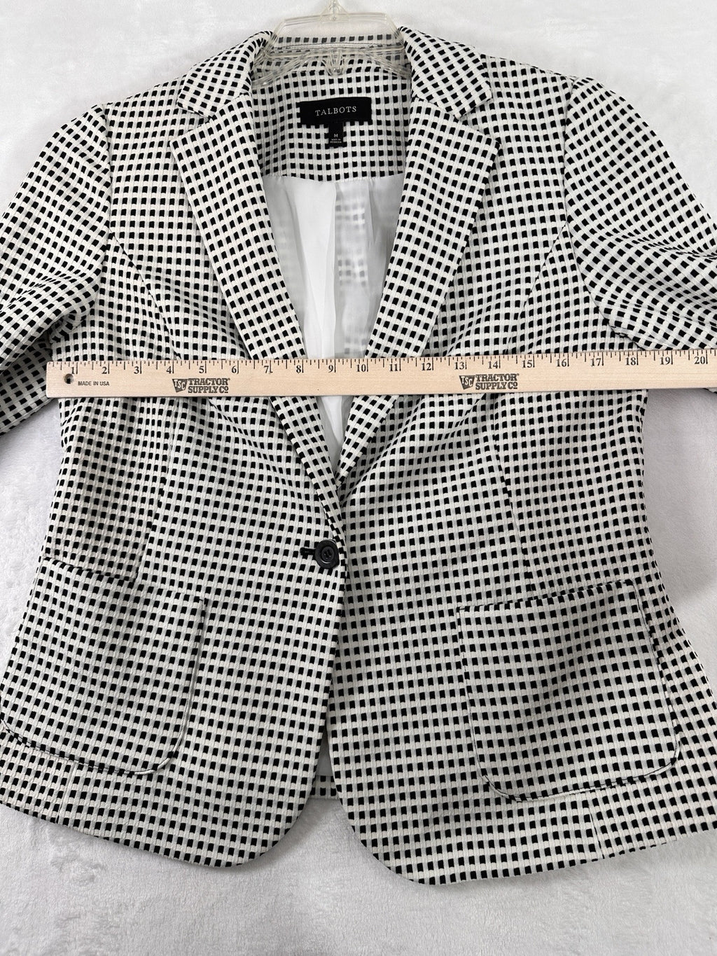Talbots Medium Jacket Black White Check Blazer 1 Button Pockets Stretch Womens