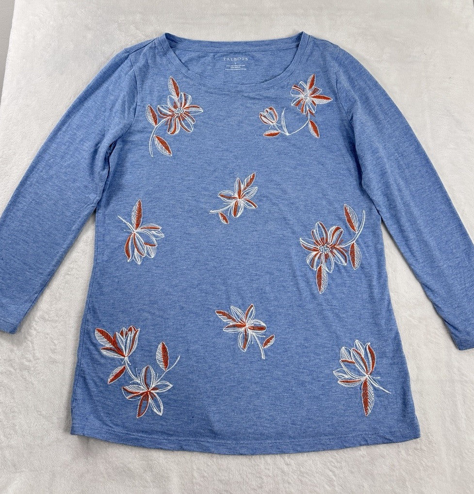 Talbots Small Top Cotton Modal Blue Embroidered Floral Print 3/4 Sleeve Womens