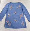 Talbots Small Top Cotton Modal Blue Embroidered Floral Print 3/4 Sleeve Womens