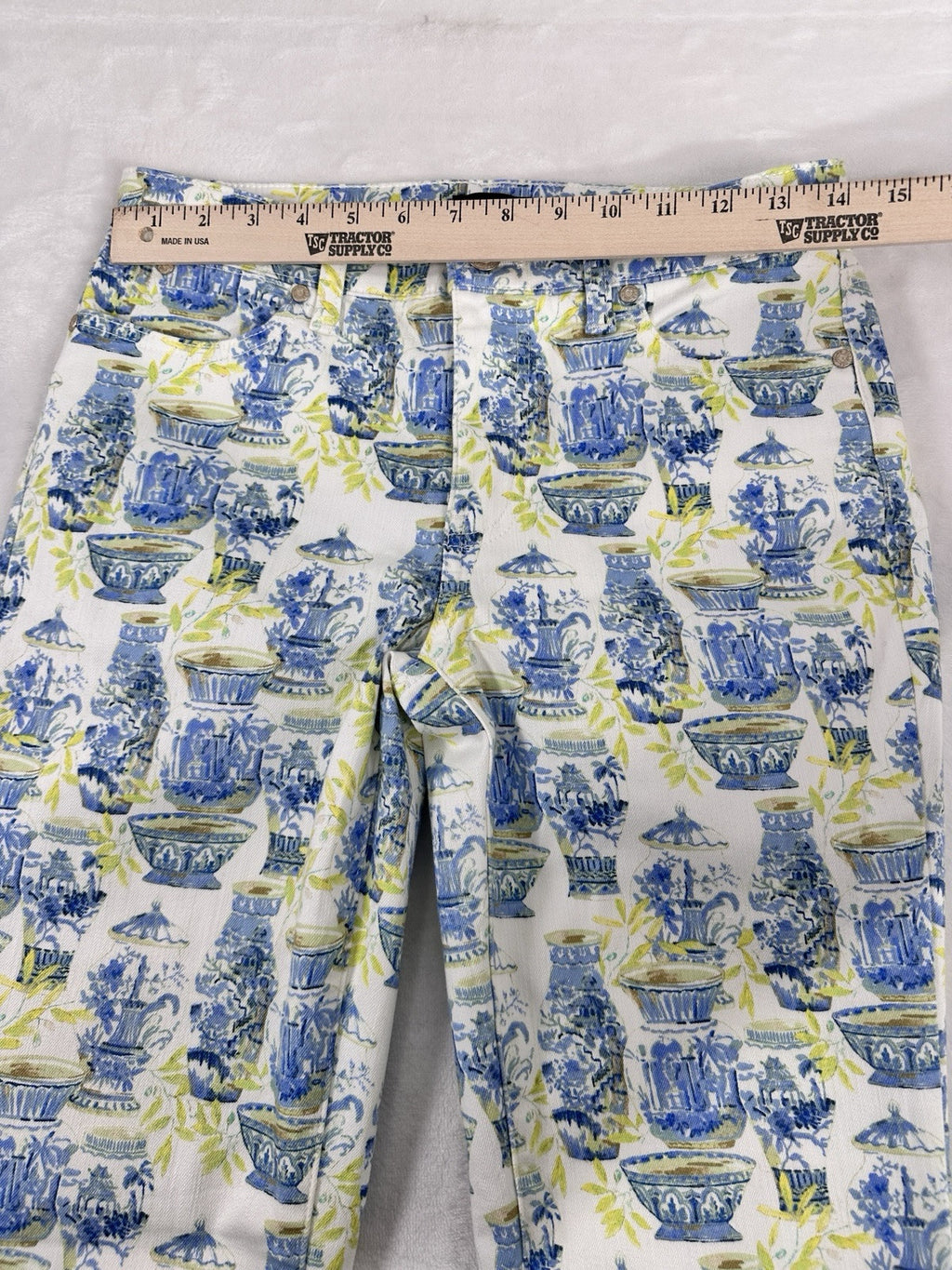 Talbots Slim Ankle Jeans 2 White Blue Yellow Watercolor Vases Print Womens