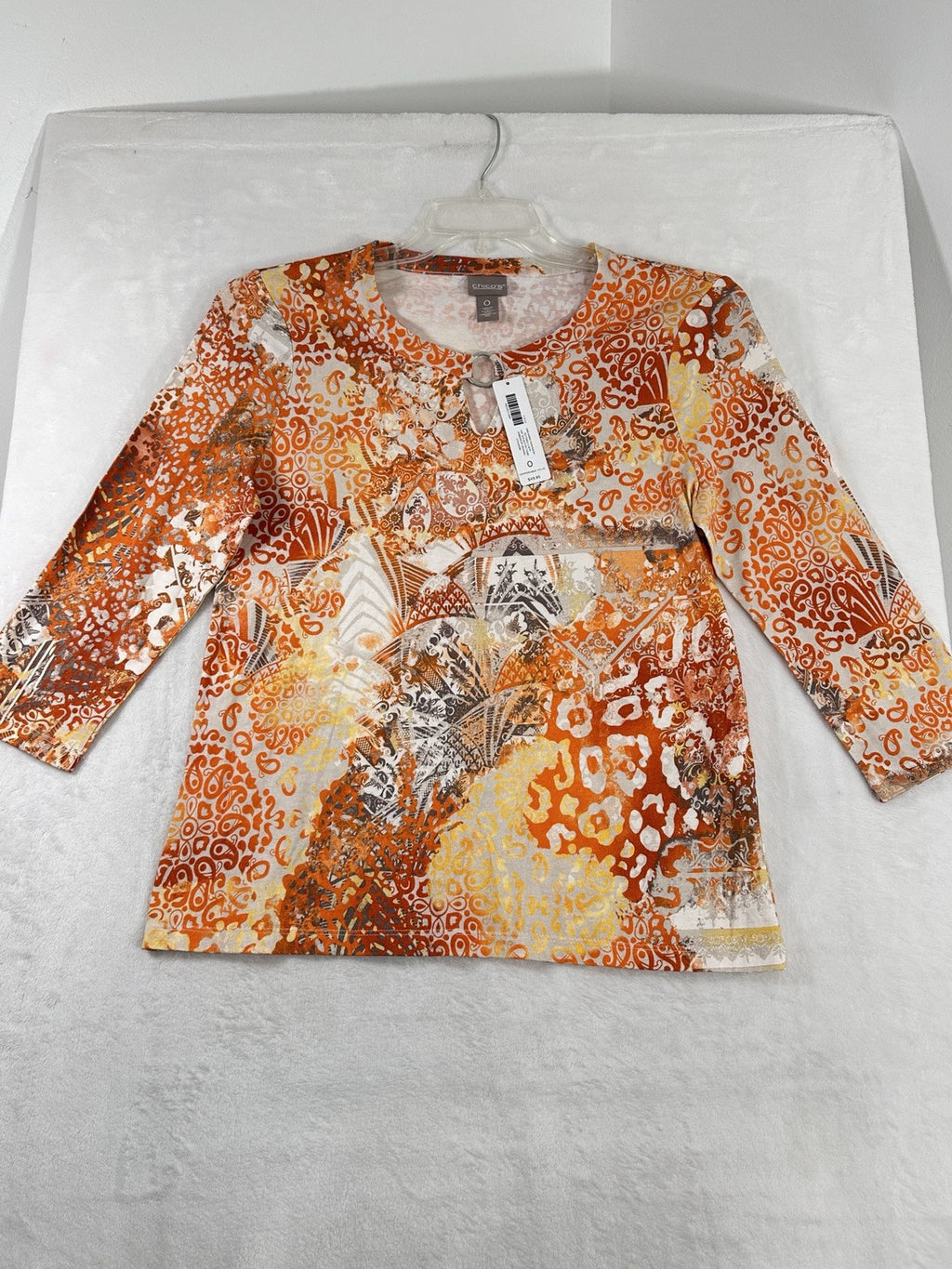 Chicos Top 0 Small 3/4 Sleeve Keyhole Orange Print Cotton Modal Womens NWT