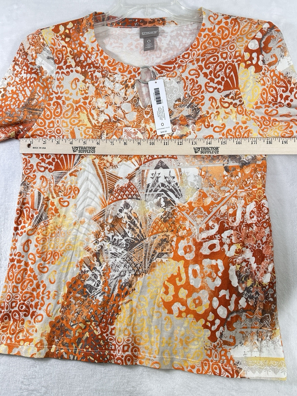 Chicos Top 0 Small 3/4 Sleeve Keyhole Orange Print Cotton Modal Womens NWT