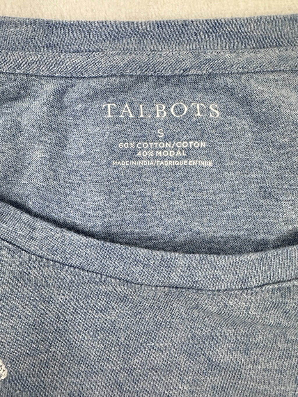 Talbots Small Top Cotton Modal Blue Embroidered Floral Print 3/4 Sleeve Womens