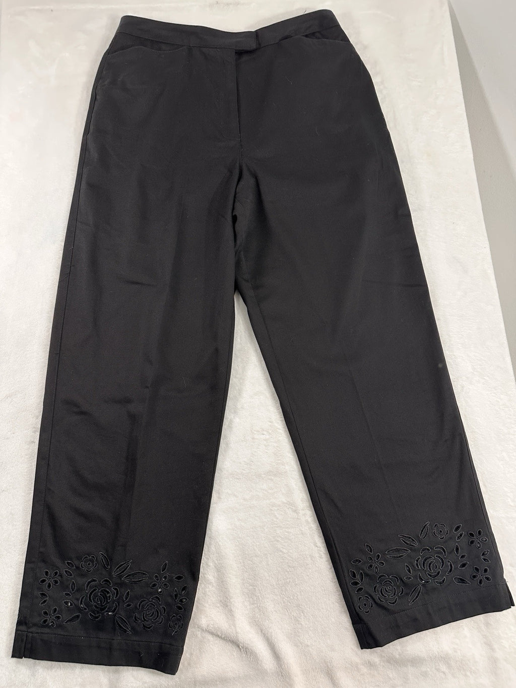 Vintage Talbots 12 Black Pants Floral Cutout Hem Cotton Womens