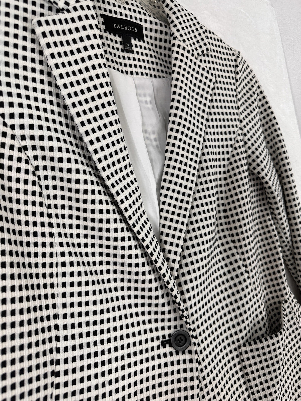 Talbots Medium Jacket Black White Check Blazer 1 Button Pockets Stretch Womens