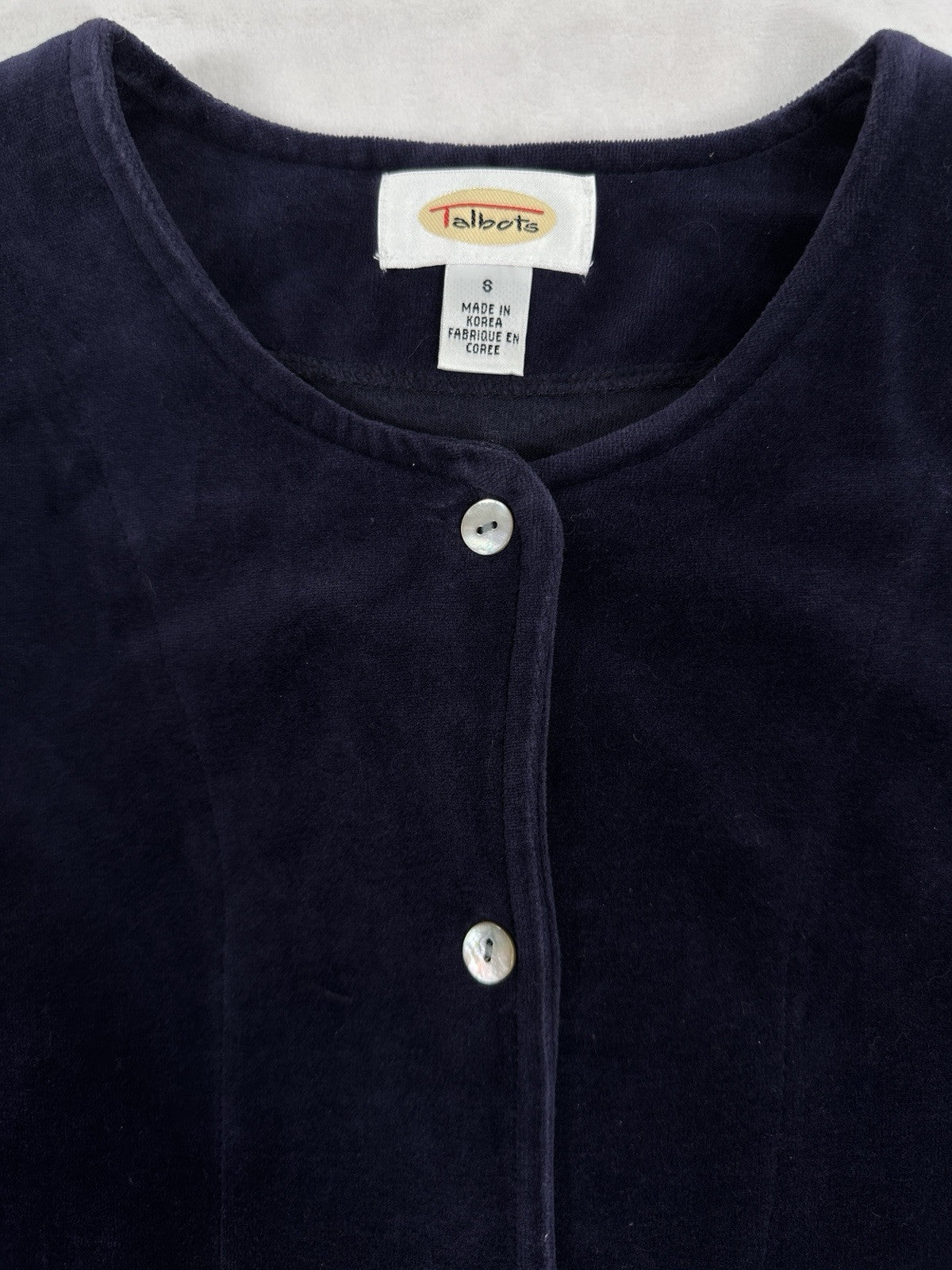 Vintage Talbots 8 Velour Cardigan Top Jacket Indigo Blue Womens Pearl Buttons