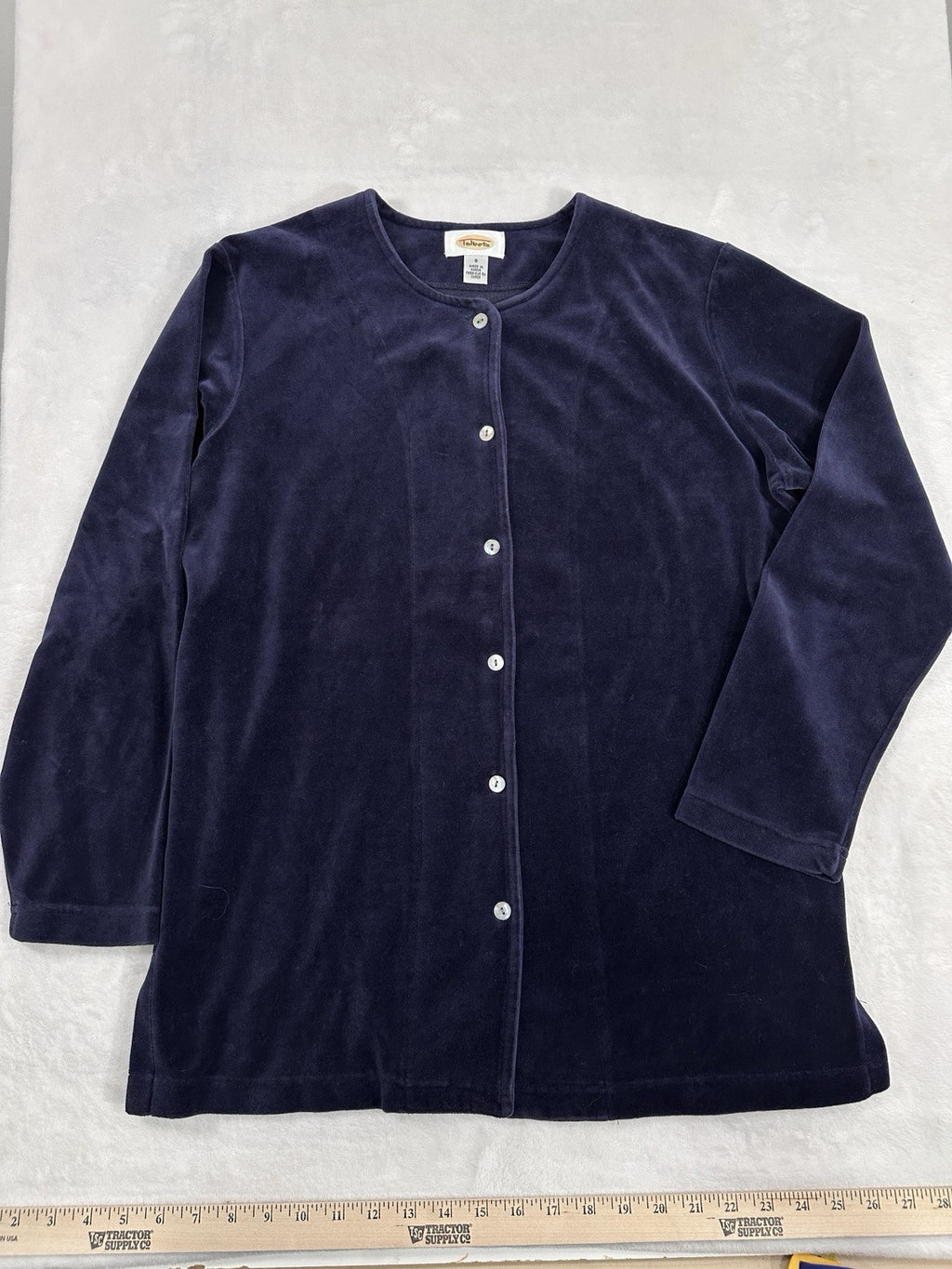 Vintage Talbots 8 Velour Cardigan Top Jacket Indigo Blue Womens Pearl Buttons