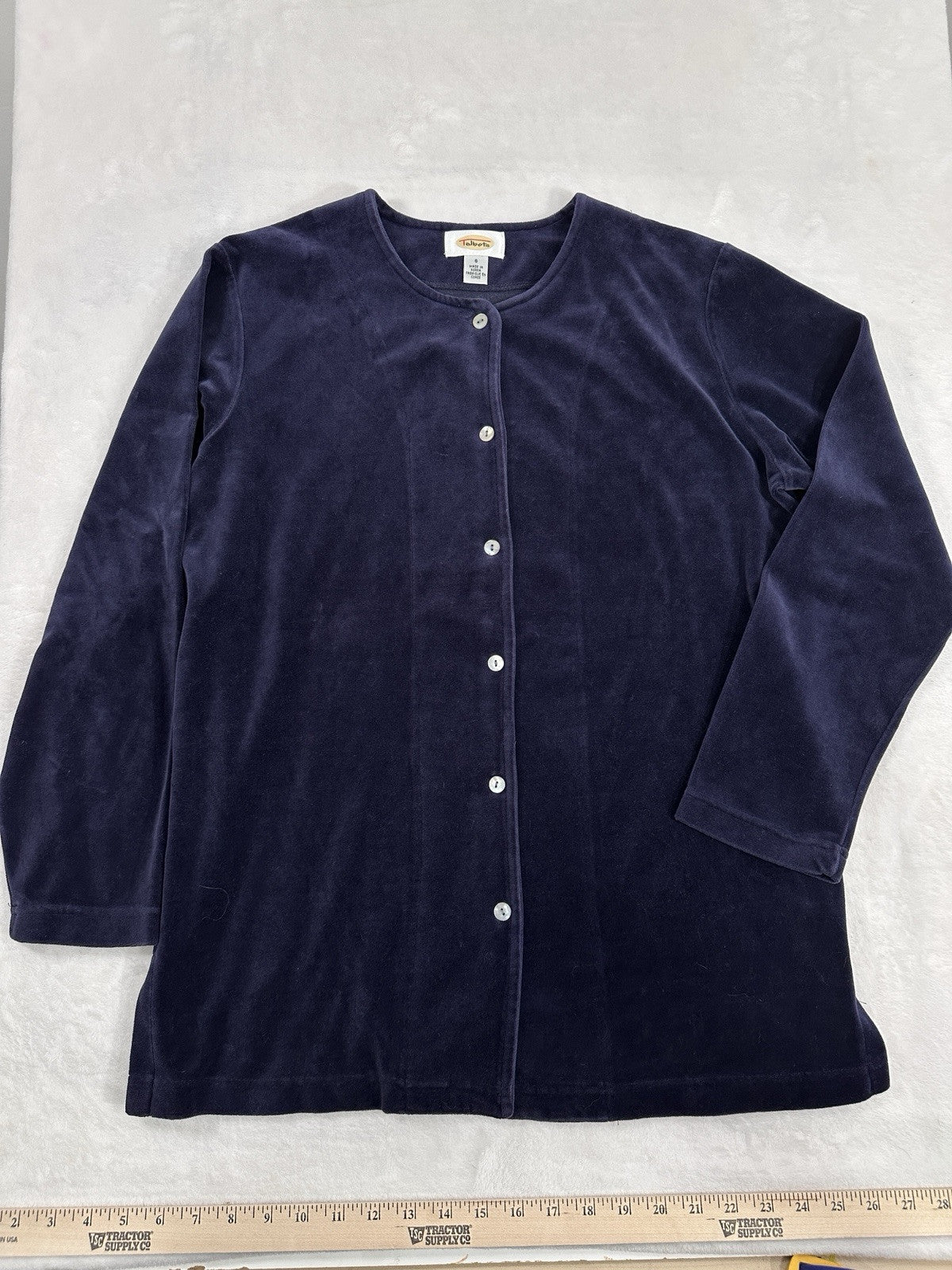 Vintage Talbots 8 Velour Cardigan Top Jacket Indigo Blue Womens Pearl Buttons
