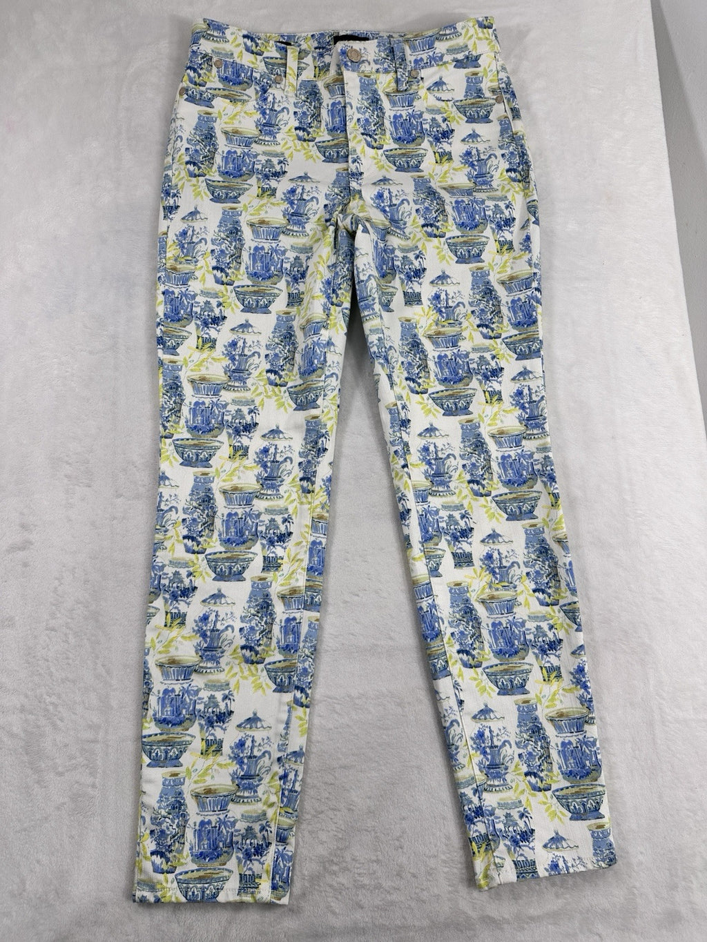 Talbots Slim Ankle Jeans 2 White Blue Yellow Watercolor Vases Print Womens