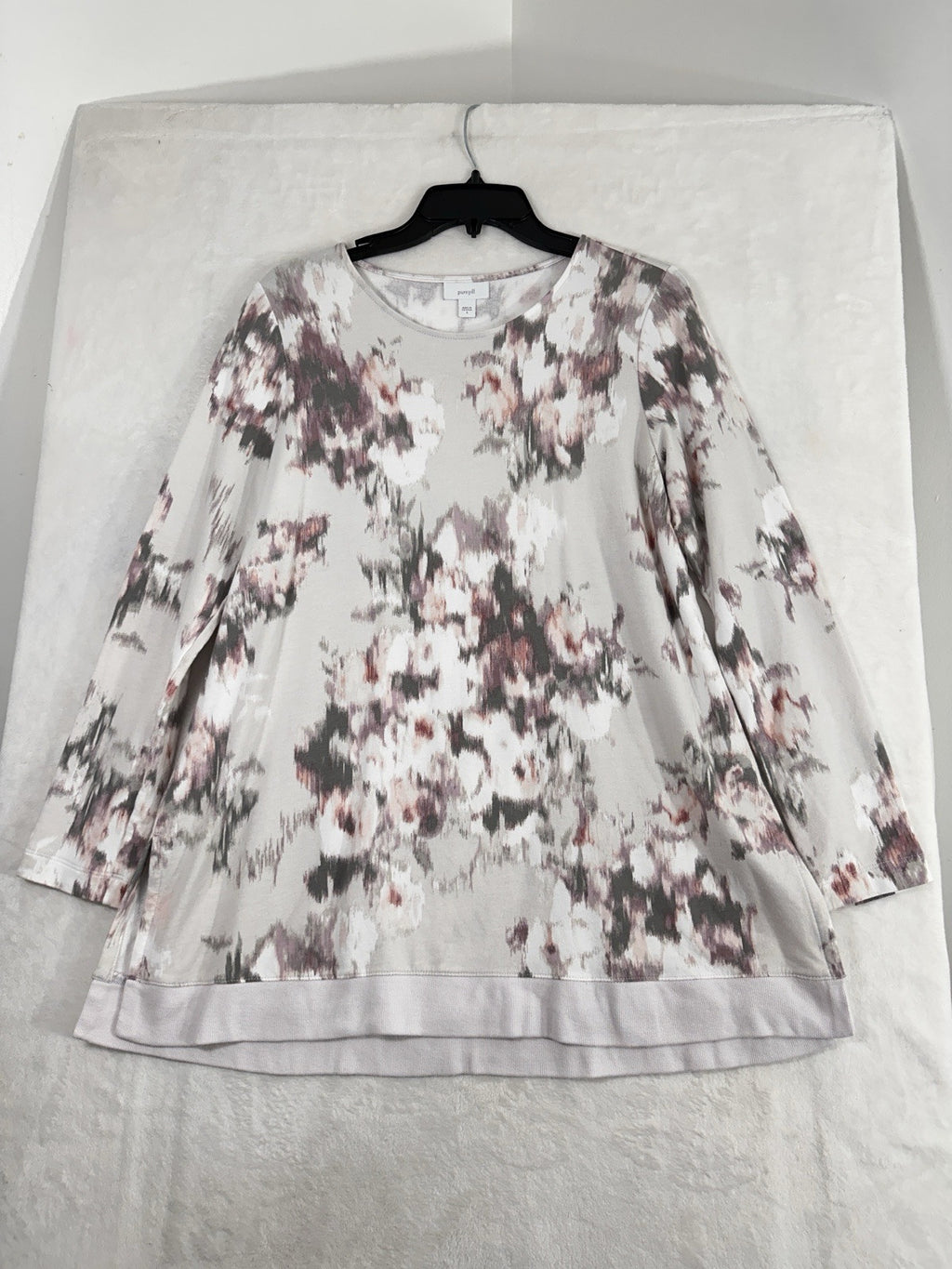J Jill Pure Jill Small Knit Tunic Top Long Sleeve Watercolor Print Tan Womens