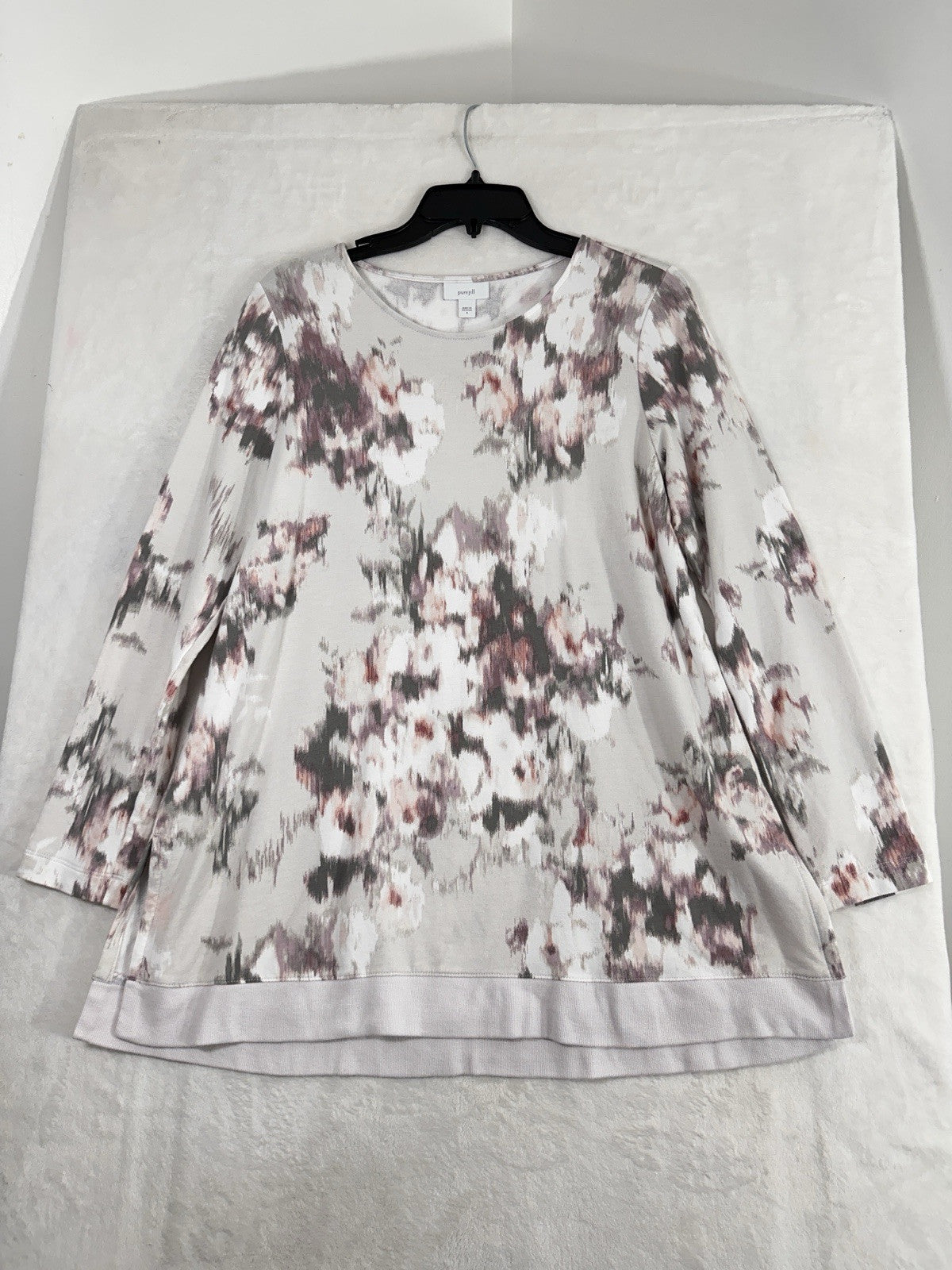 J Jill Pure Jill Small Knit Tunic Top Long Sleeve Watercolor Print Tan Womens