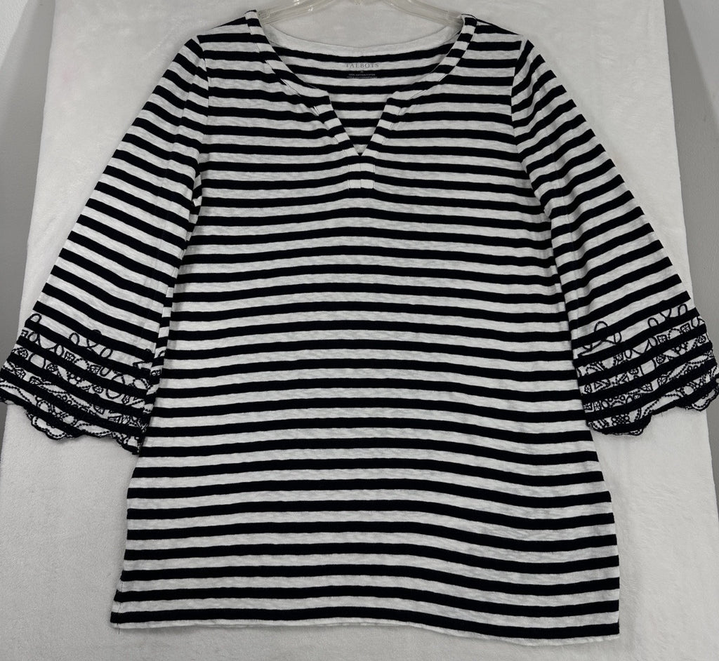 Talbots Medium Tunic Top Cotton Embroidered Black White Striped 3/4 Sleeve Women