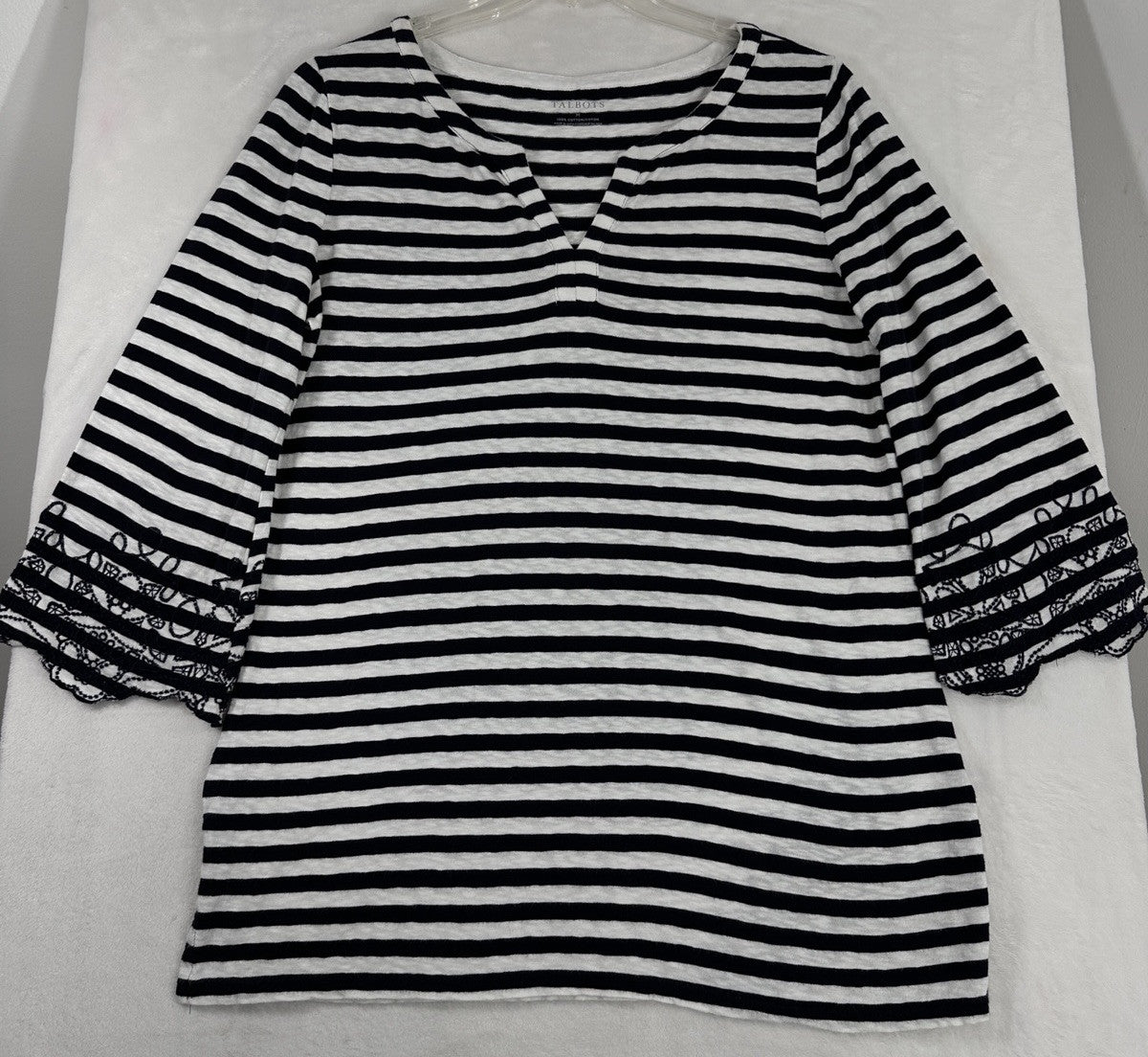 Talbots Medium Tunic Top Cotton Embroidered Black White Striped 3/4 Sleeve Women