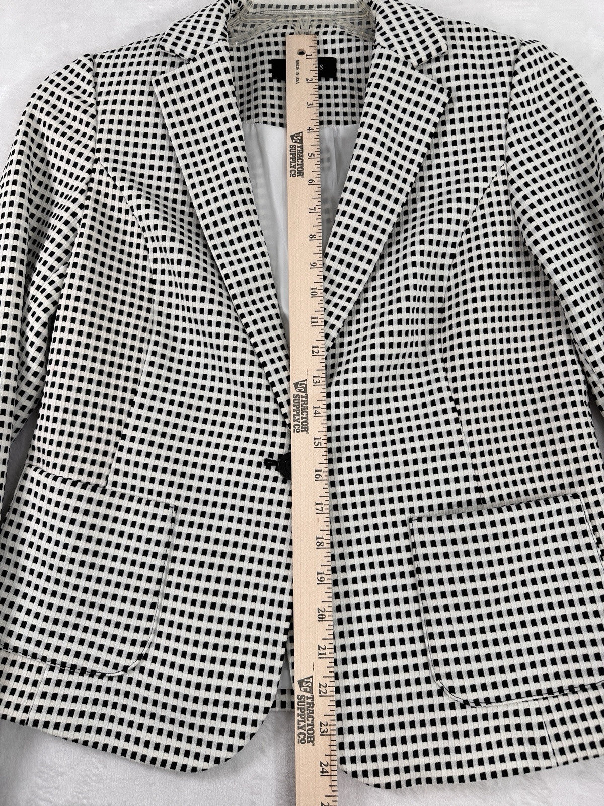 Talbots Medium Jacket Black White Check Blazer 1 Button Pockets Stretch Womens