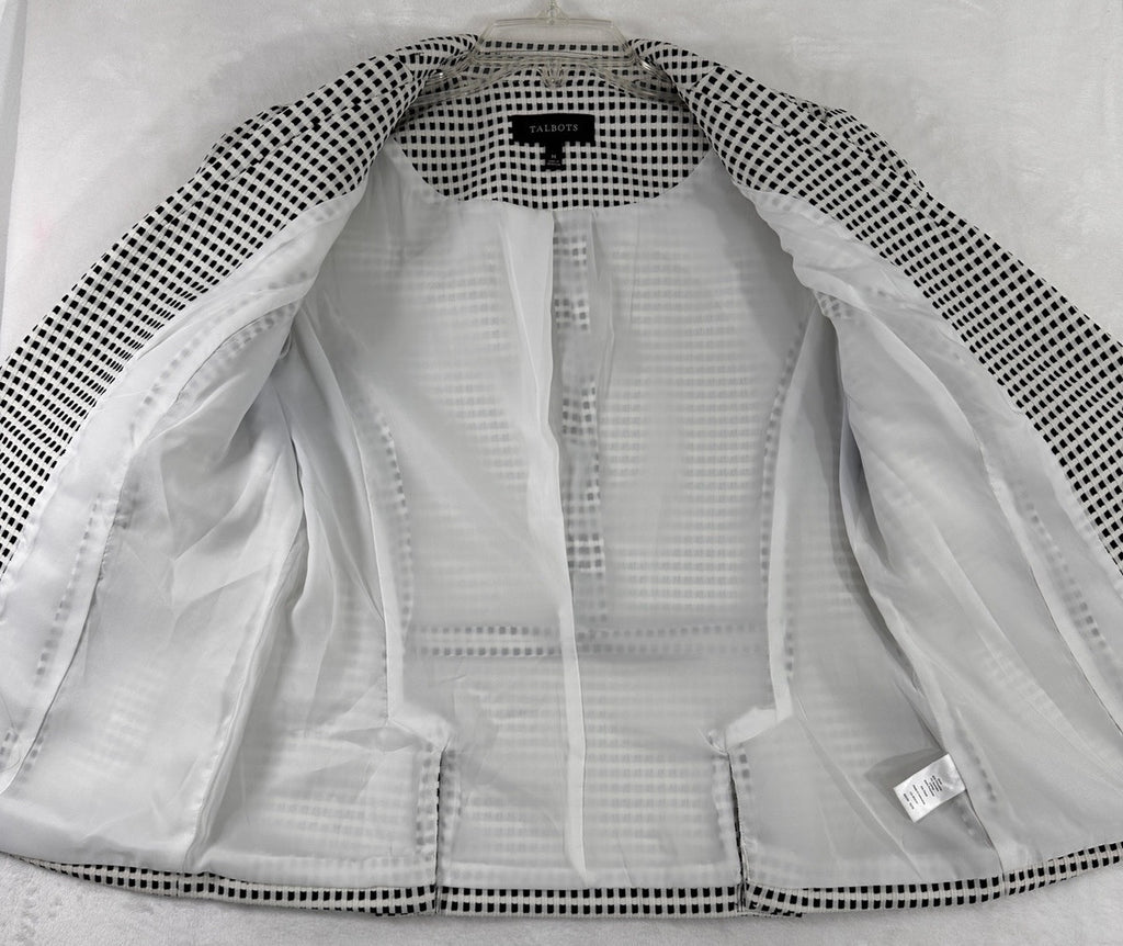 Talbots Medium Jacket Black White Check Blazer 1 Button Pockets Stretch Womens