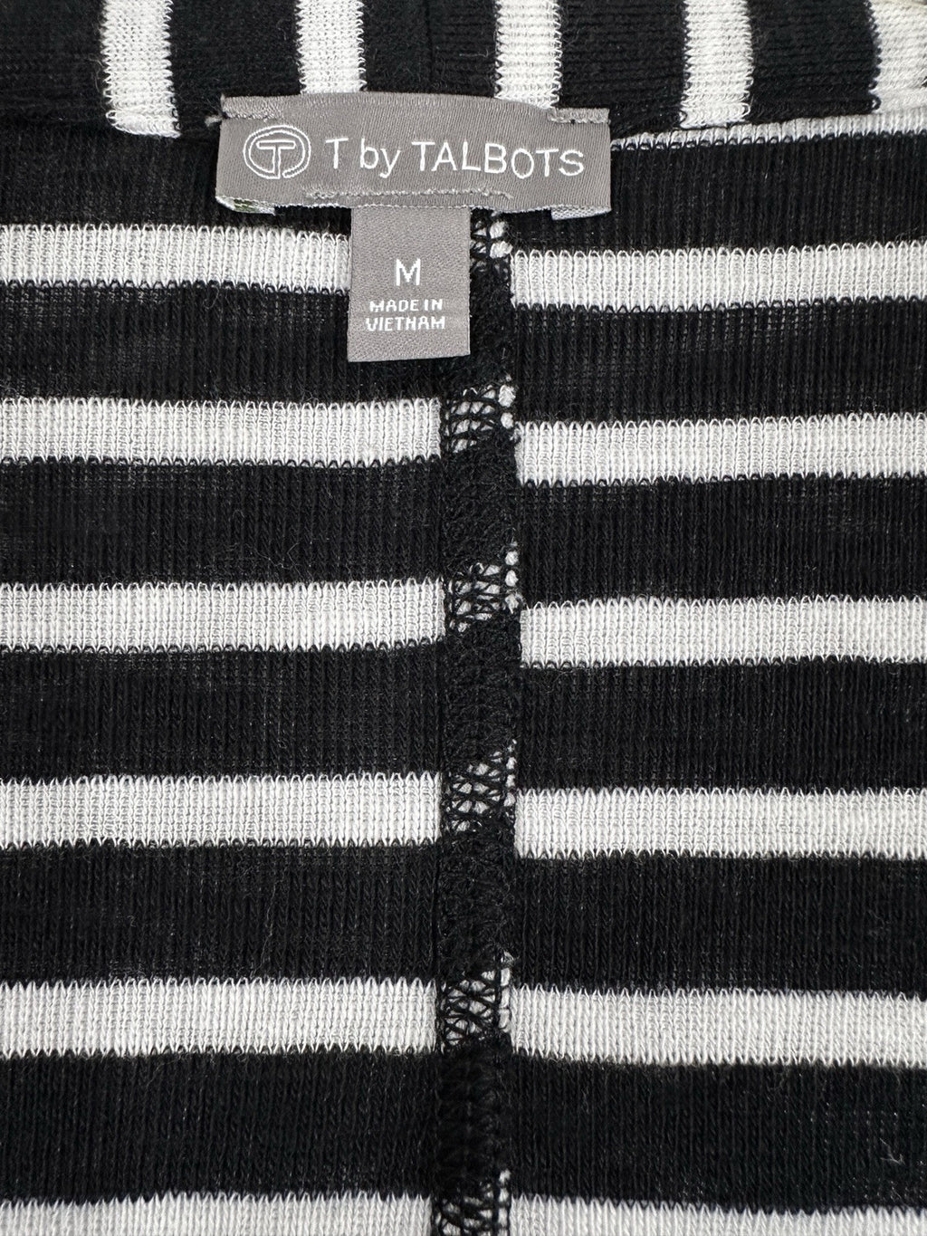T By Talbots Medium Knit Cardigan Sweater Black White Striped Long Womens
