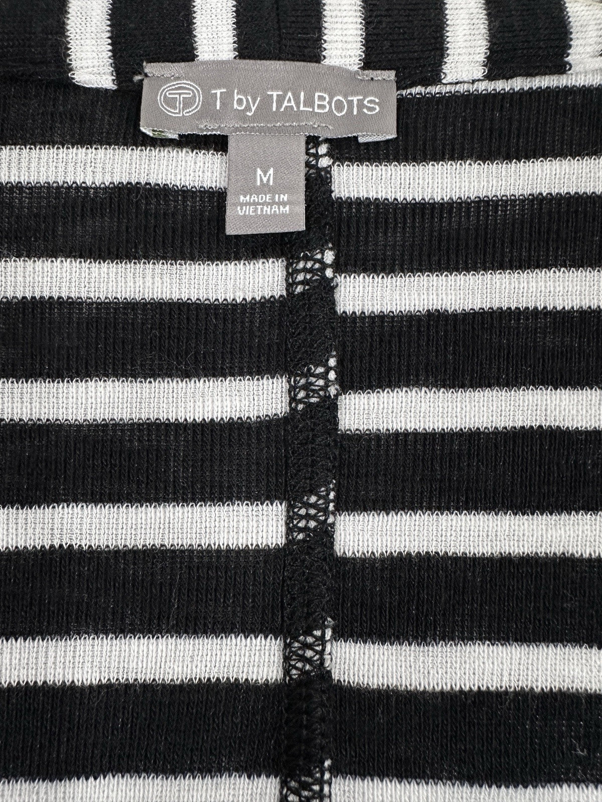 T By Talbots Medium Knit Cardigan Sweater Black White Striped Long Womens