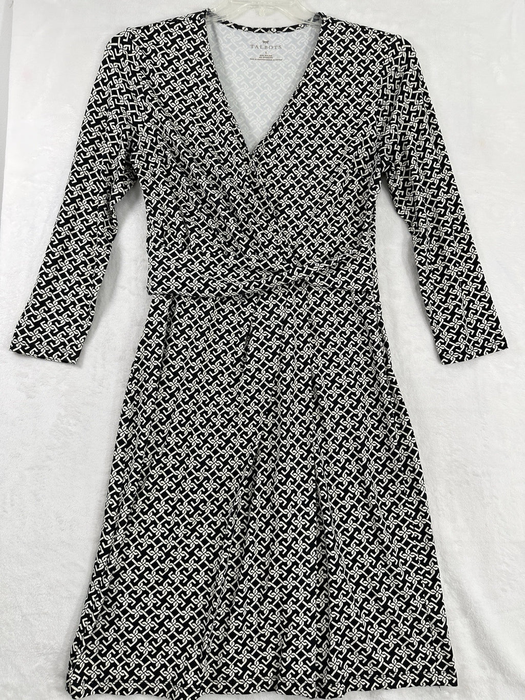 Talbots Dress Size Small Wrap Midi Black White Geo Print Stretch Knit Womens