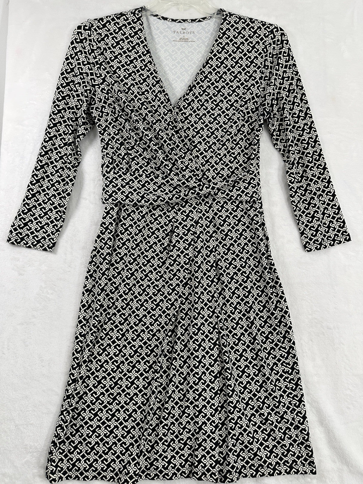 Talbots Dress Size Small Wrap Midi Black White Geo Print Stretch Knit Womens