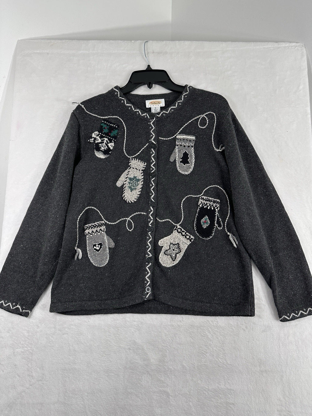 Vintage Talbots Christmas Cardigan Sweater Holiday Medium Petite MP Gray Women