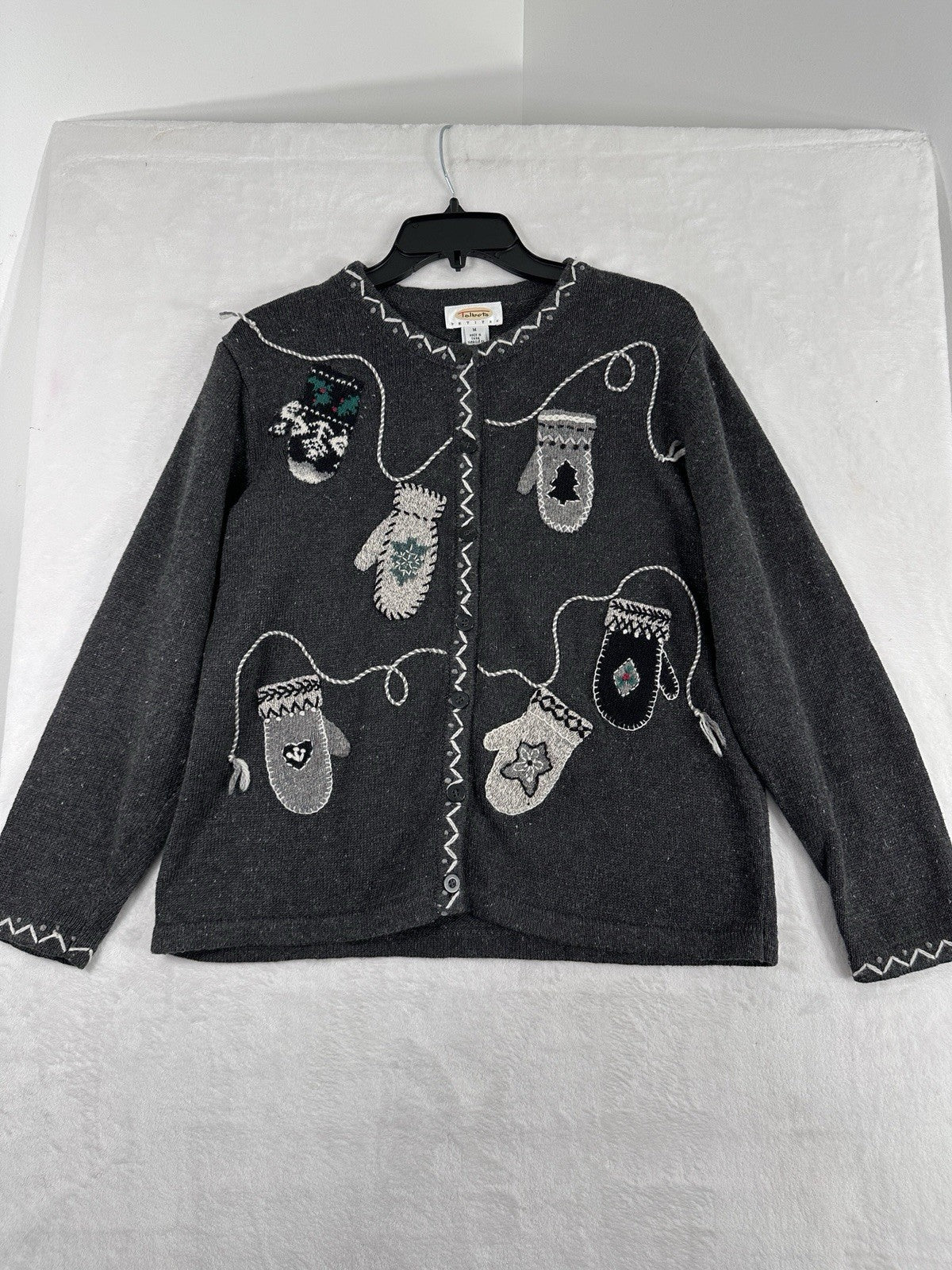 Vintage Talbots Christmas Cardigan Sweater Holiday Medium Petite MP Gray Women