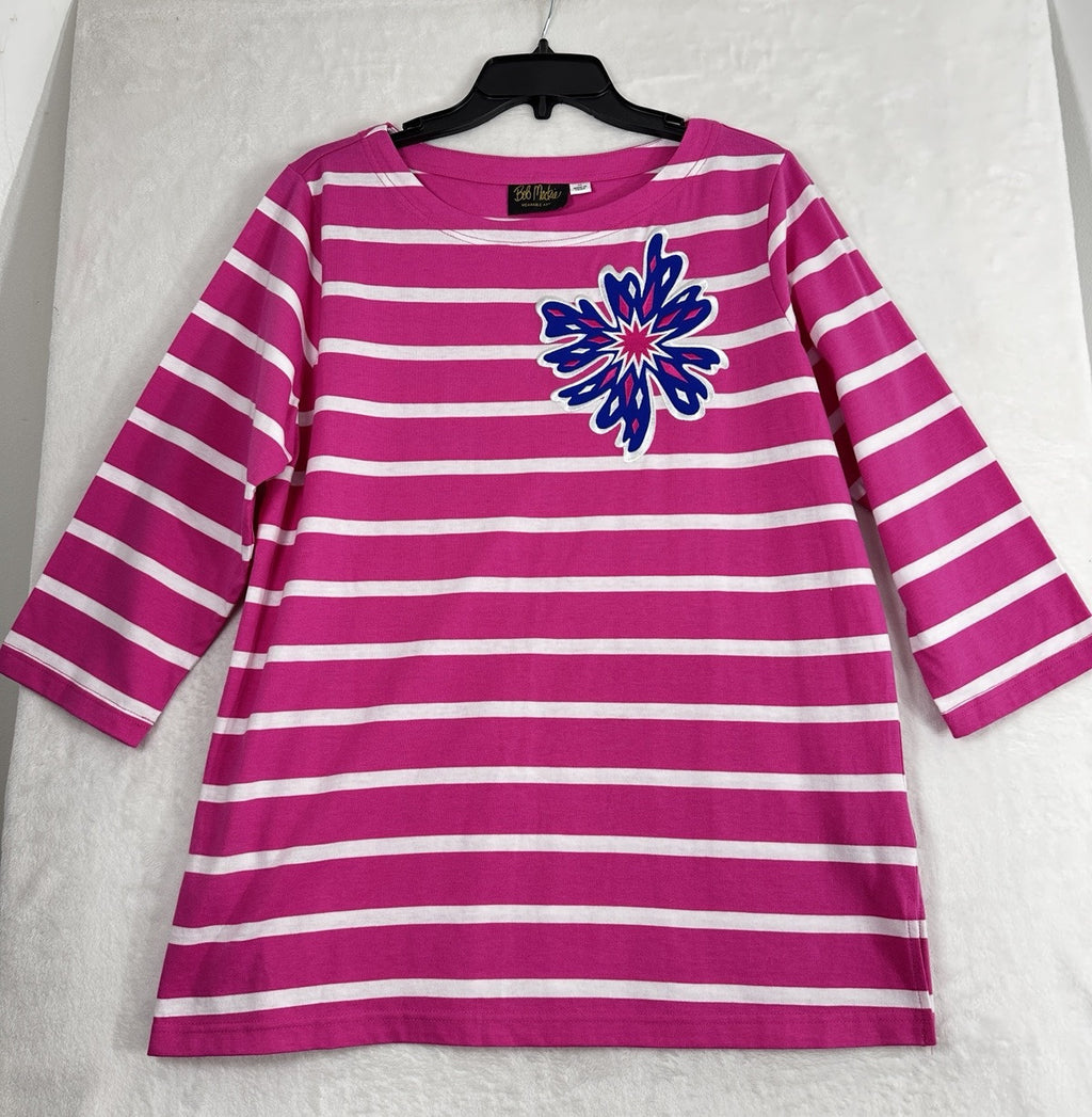 Bob Mackie Wearable Art Medium Top Pink Striped Embroidered 3/4 Sleeve Knit