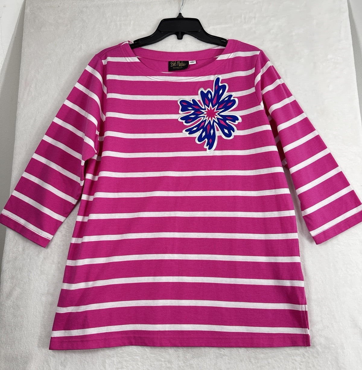 Bob Mackie Wearable Art Medium Top Pink Striped Embroidered 3/4 Sleeve Knit