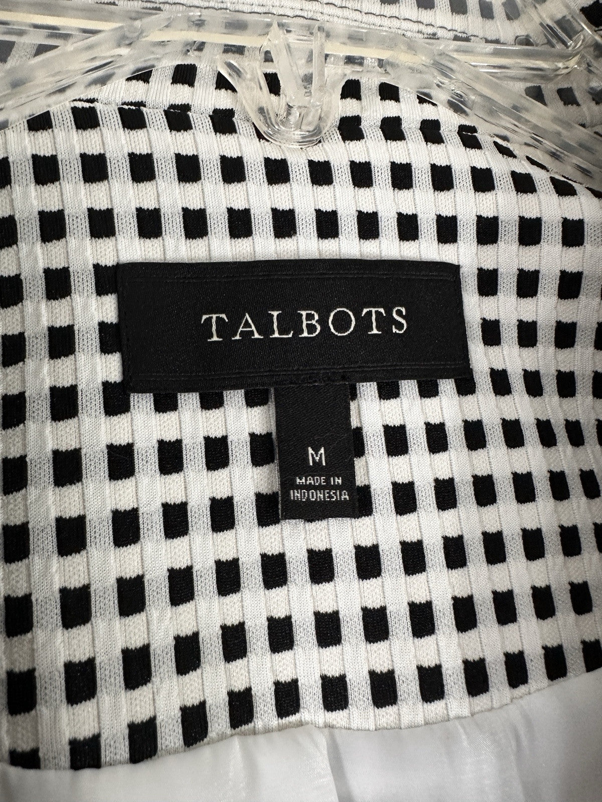 Talbots Medium Jacket Black White Check Blazer 1 Button Pockets Stretch Womens