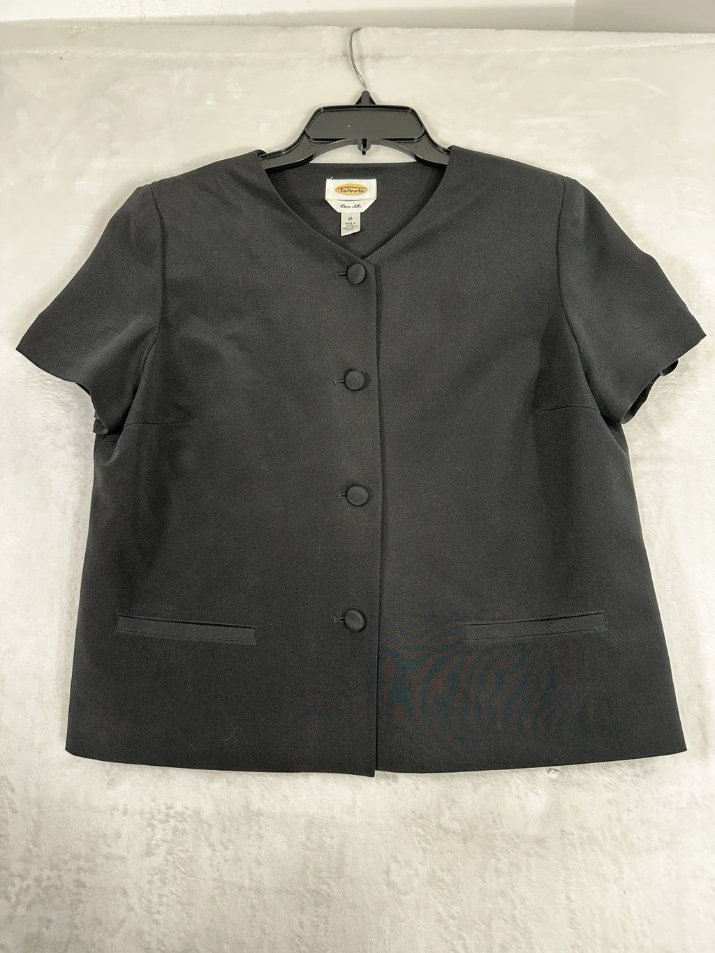 Vintage Talbots Pure Silk Jacket 12 Black Top Buttons Short Sleeve Womens
