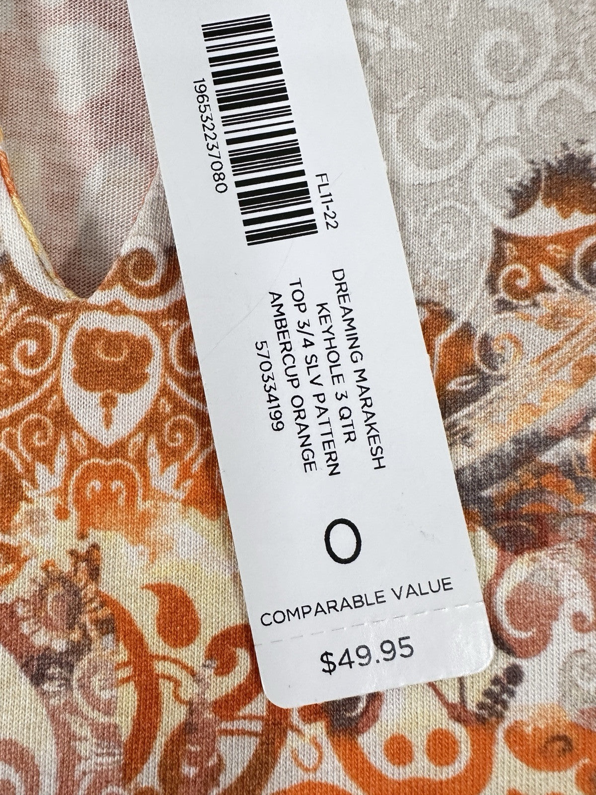 Chicos Top 0 Small 3/4 Sleeve Keyhole Orange Print Cotton Modal Womens NWT