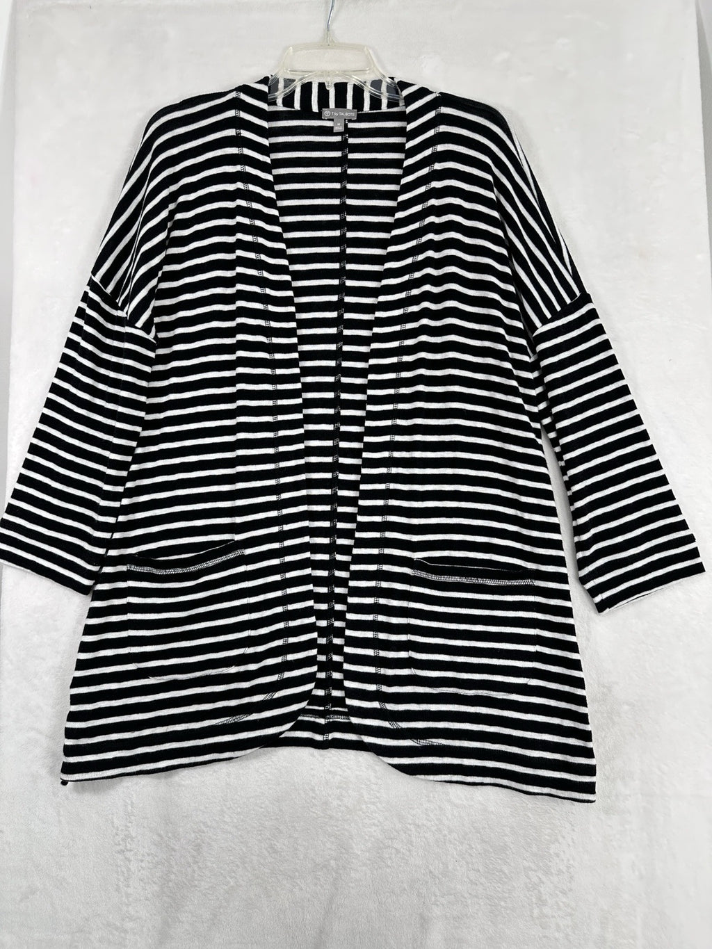 T By Talbots Medium Knit Cardigan Sweater Black White Striped Long Womens