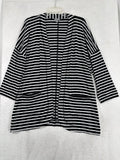 T By Talbots Medium Knit Cardigan Sweater Black White Striped Long Womens