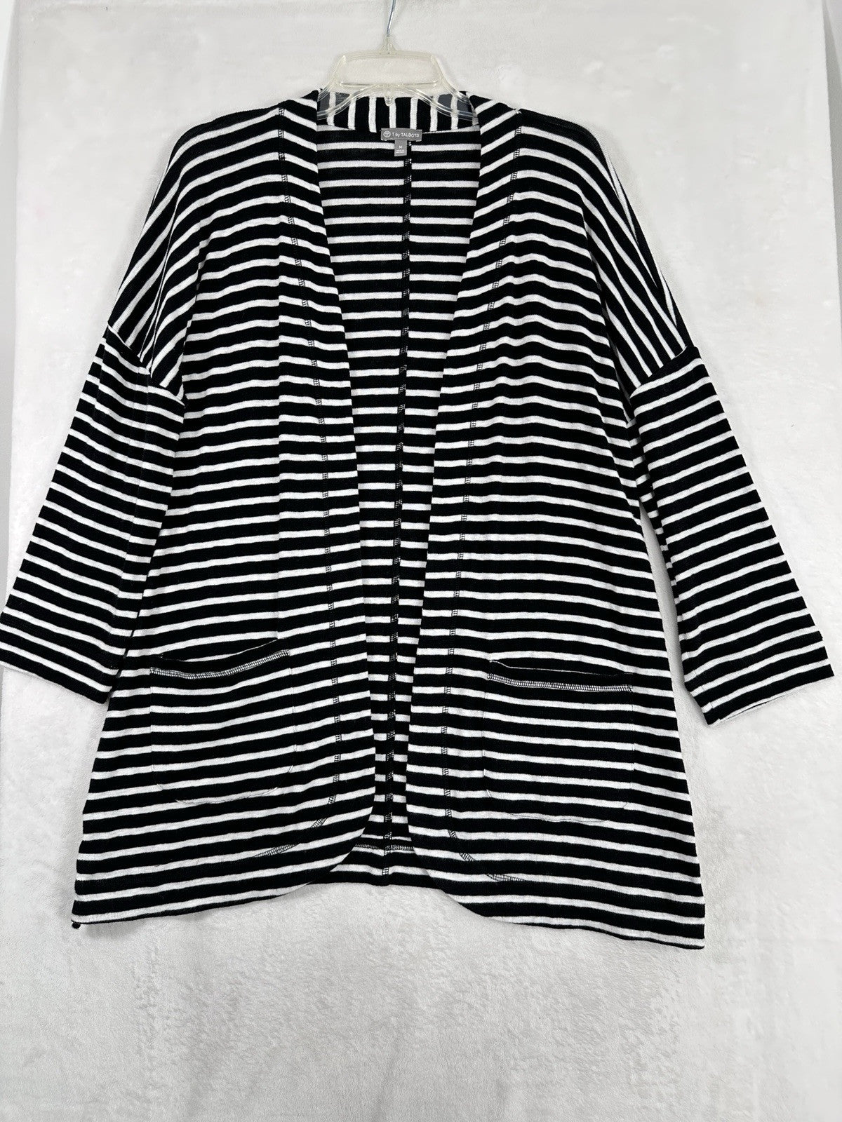 T By Talbots Medium Knit Cardigan Sweater Black White Striped Long Womens