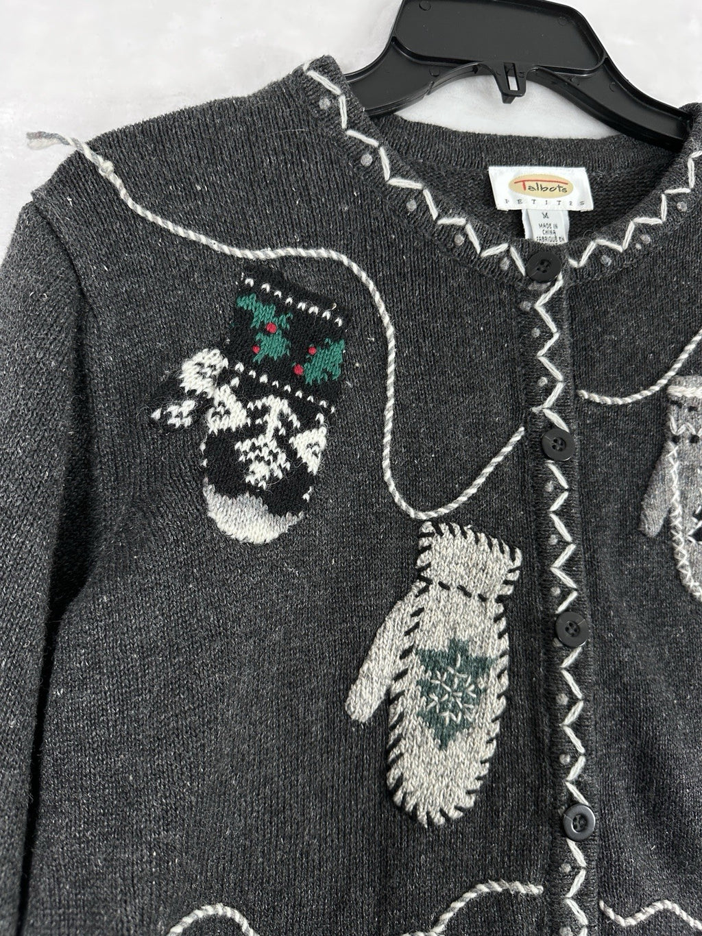 Vintage Talbots Christmas Cardigan Sweater Holiday Medium Petite MP Gray Women