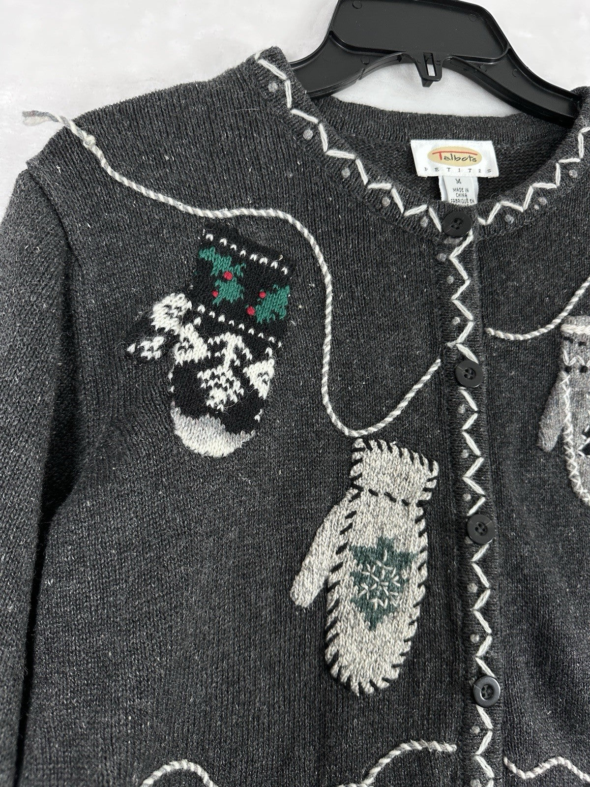Vintage Talbots Christmas Cardigan Sweater Holiday Medium Petite MP Gray Women