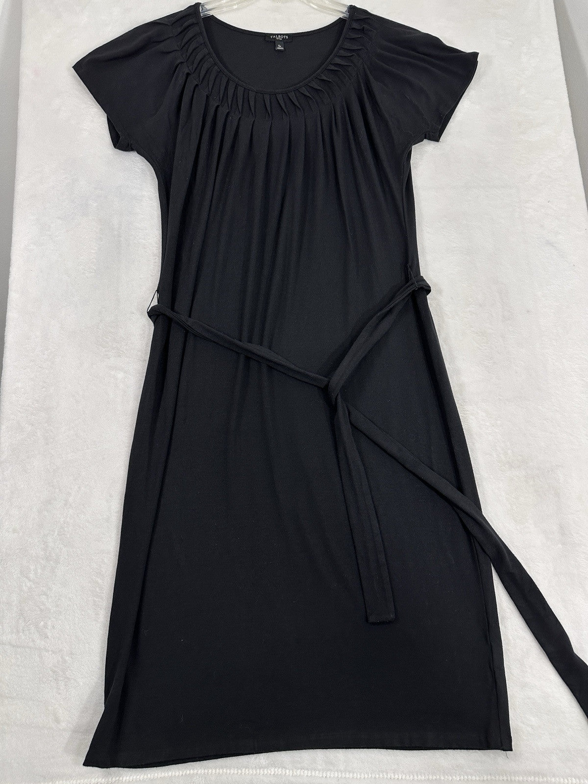 Talbots Dress Small Petite Black Knit Fit Flare Midi Short Sleeve Womens SP